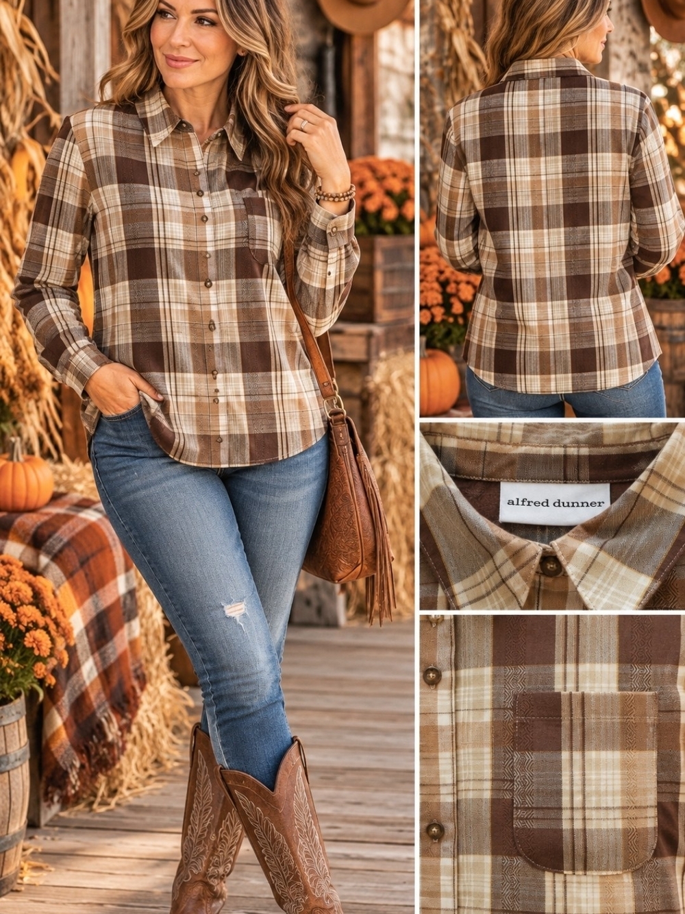 Alfred Dunner Brown and Cream Plaid Button-Front Shirt